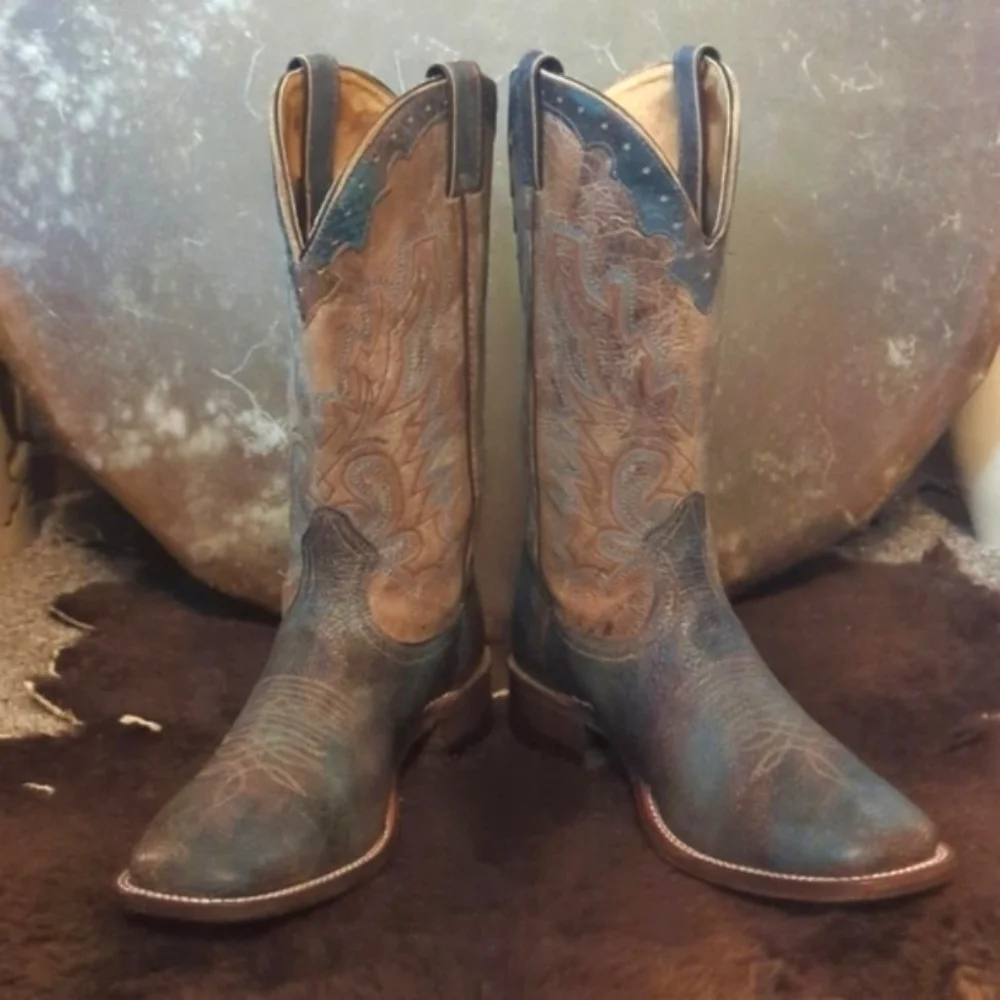 BOULET Boots #4071 mens 9E cowboy boots distressed Tan/Turqueza square toe EUC